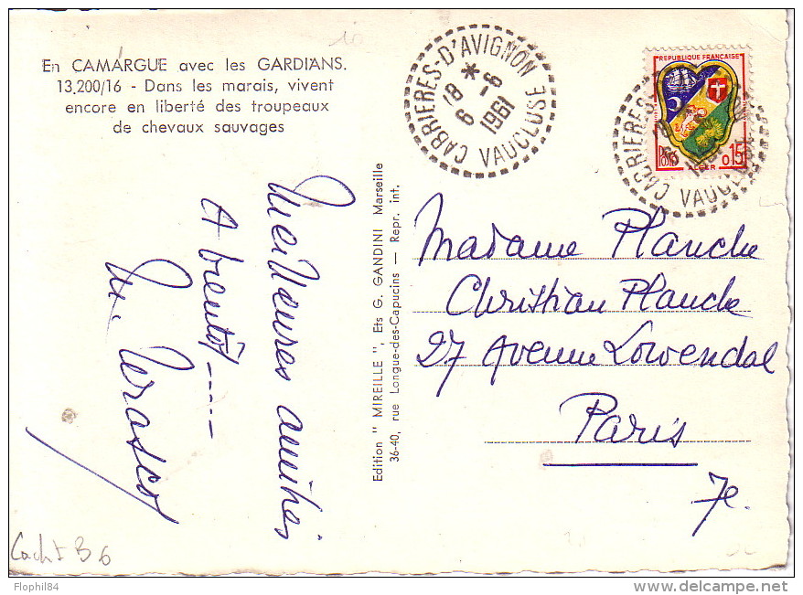 VAUCLUSE - CABRIERES D'AVIGNON LE 6-6-1961 SUR BLASON ALGER. - Cachets Manuels