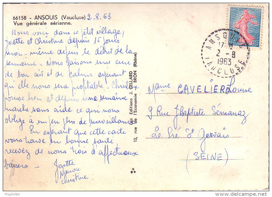 VAUCLUSE - ANSOUIS LE 2-8-1963 SUR 20c SEMEUSE - CARTE POSTALE ANSOUIS VUE GENERALE. - Manual Postmarks