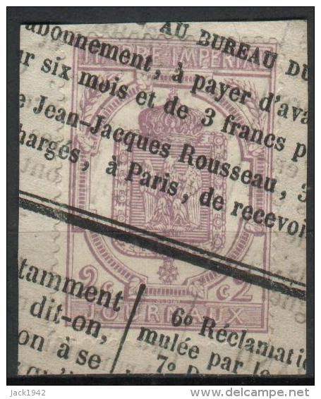 Timbre Pour Journaux N°7 - 2c Violet Annulé Typo Sur Fragment - Giornali