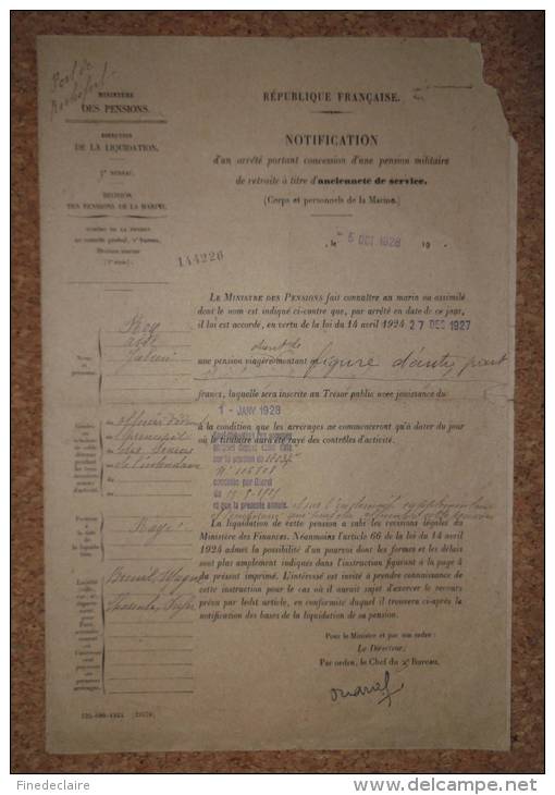 Ministère Des Pensions, Division De La Marine, Notification D'une Pension Militaire, Breuil-Magné à Rochefort - 1928 - Historical Documents