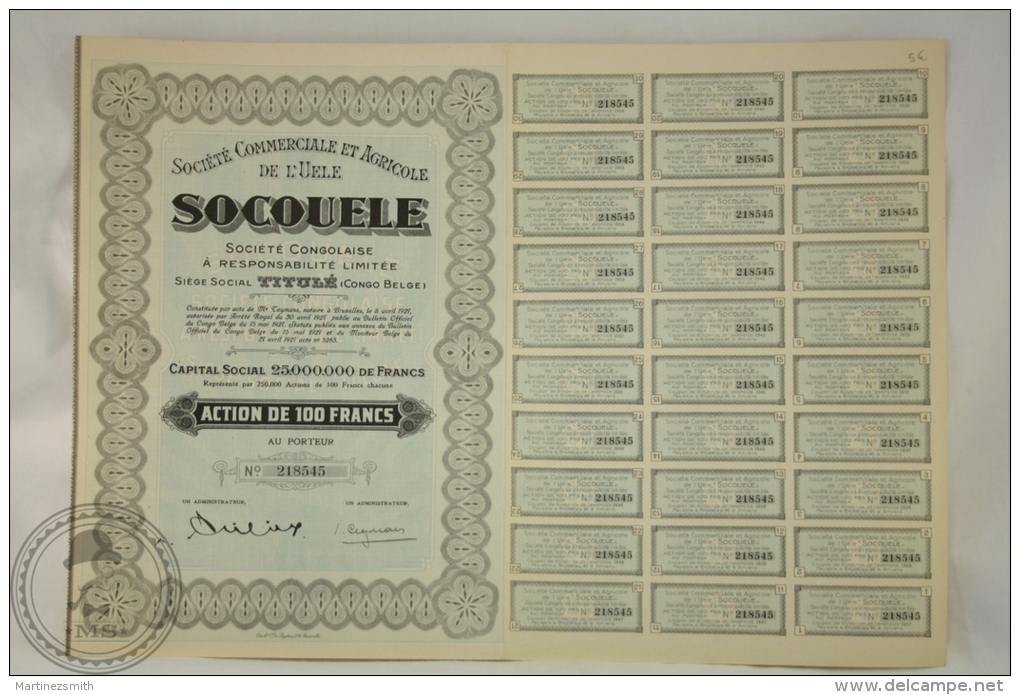 Old Share - Action 100 Francs Agriculture - Socouele - Sociéte Commerciale Et Agricole De L´Uele 1927 - Agricultura