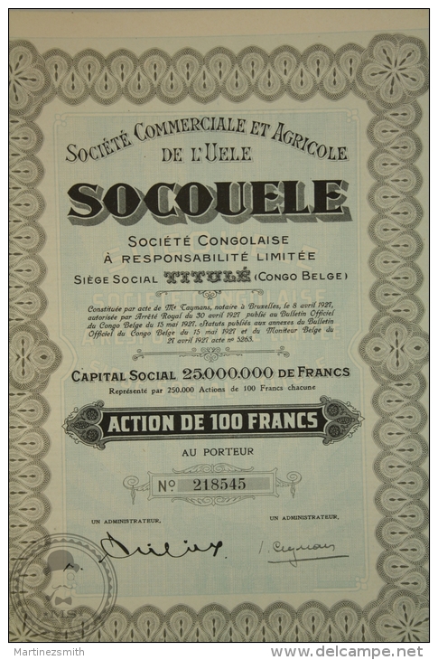 Old Share - Action 100 Francs Agriculture - Socouele - Sociéte Commerciale Et Agricole De L´Uele 1927 - Agricultura