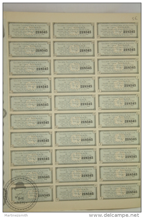 Old Share - Action 100 Francs Agriculture - Socouele - Sociéte Commerciale Et Agricole De L´Uele 1927 - Agricultura