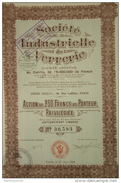 Old Share - Action Sociéte Industrielle De Verrerie - 250 Francs Au Porteur Privilégiée - Paris 1924 - Industrial