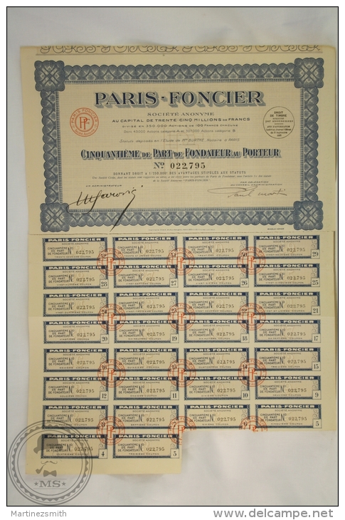 Old Share - Action Paris - Foncier, Cinquantieme De Part De Fondateur Au Porteur - 1927 - Otros & Sin Clasificación