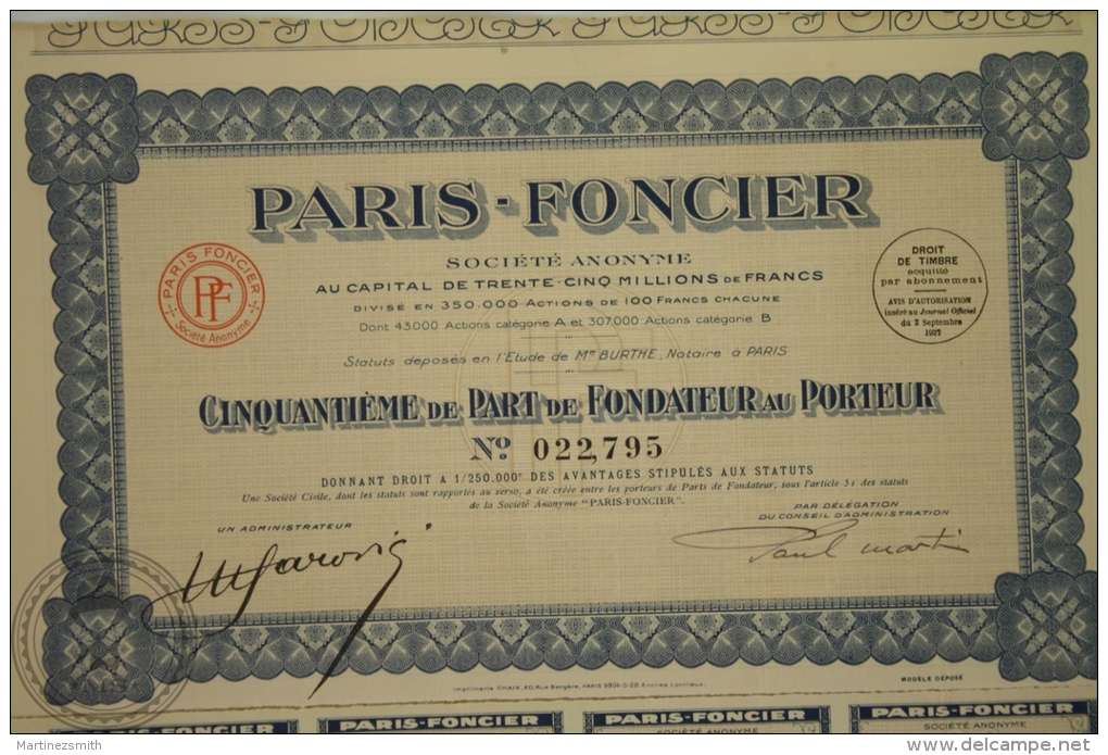 Old Share - Action Paris - Foncier, Cinquantieme De Part De Fondateur Au Porteur - 1927 - Otros & Sin Clasificación