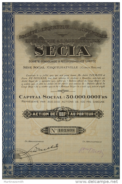 Old Share - Action L´Industrie & L´Agriculture - Coquilhatville ( Congo Belge) - 100 Francs - 1927 - Agricultura