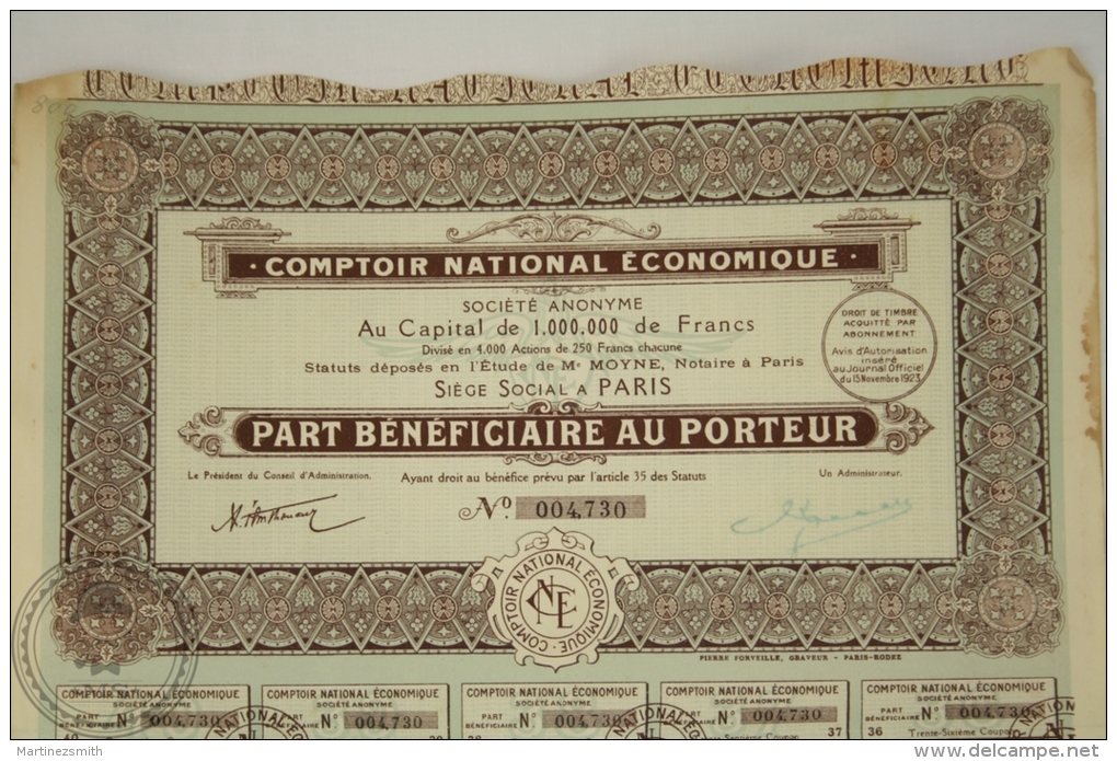 Old Share - Action Comptoir National Economique Societe Anonyme  - Paris 1923 - Otros & Sin Clasificación