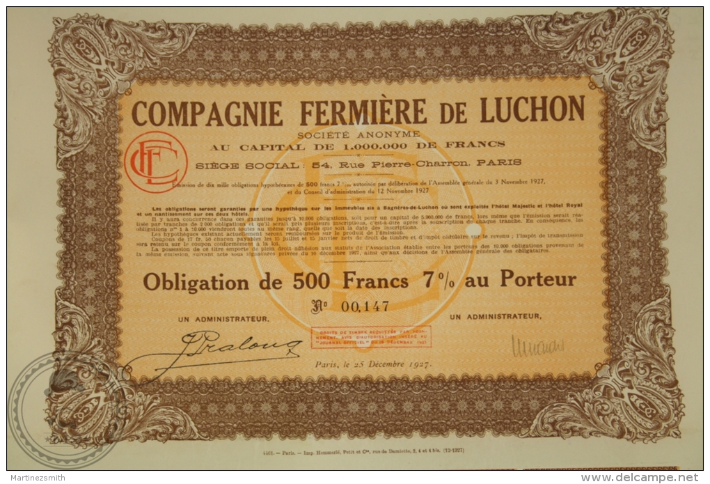 Old Share - Action Campagnie Fermière De Luchon - Rue Pierre Charron - 1927 - Agricultura