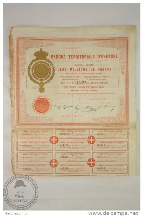 Old Share - Action Banque Territoriale D´Espagne/ Territorial Bank Of Spain - 1872 - Banco & Caja De Ahorros