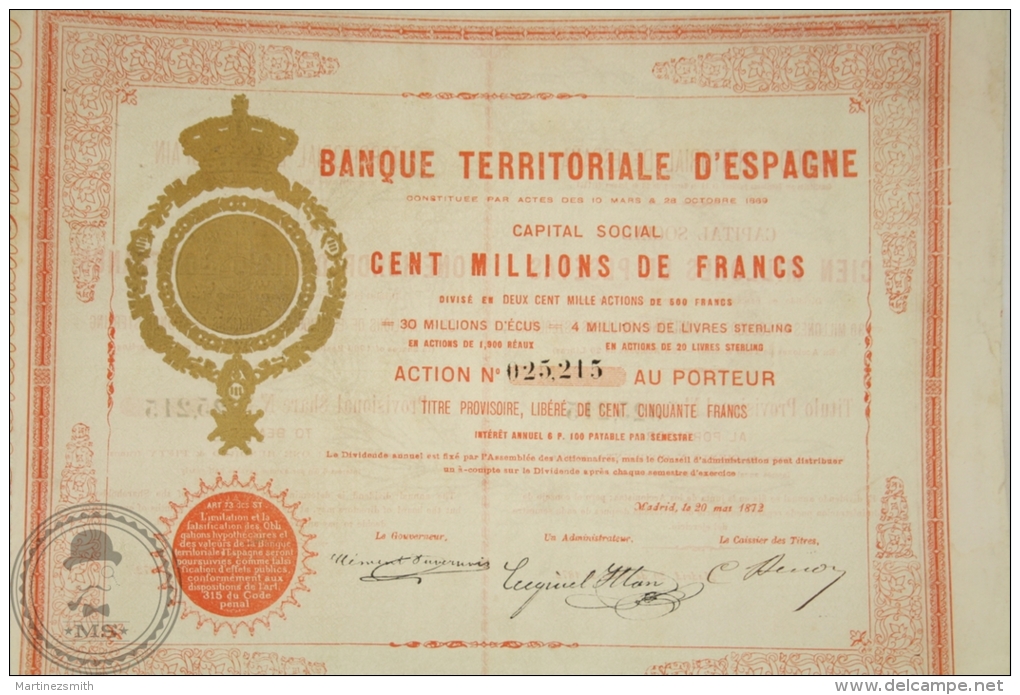 Old Share - Action Banque Territoriale D´Espagne/ Territorial Bank Of Spain - 1872 - Banque & Assurance