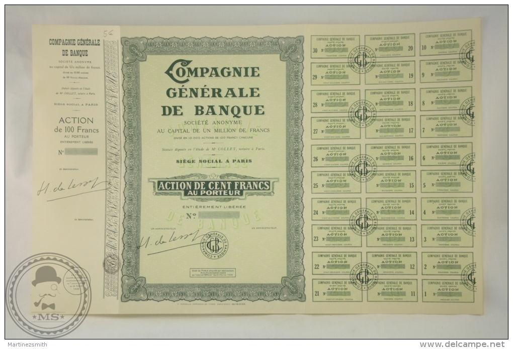 Old Share - Compagnie Générale De Banque  - Action De Cent Francs Au Porteur -  1938 - Bank & Insurance