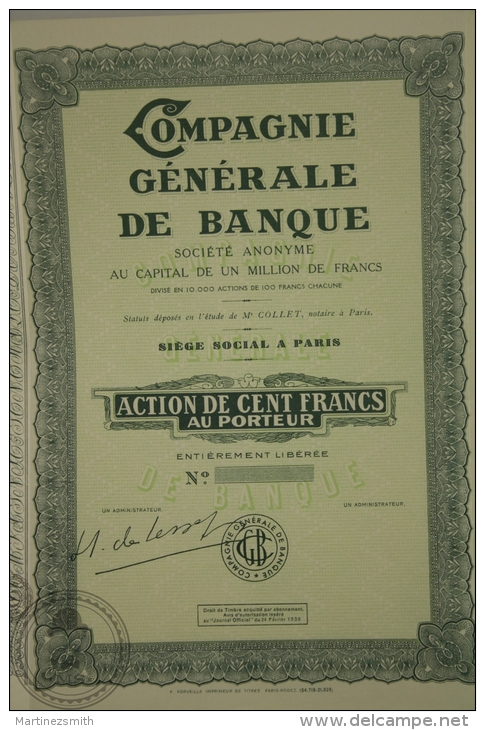 Old Share - Compagnie Générale De Banque  - Action De Cent Francs Au Porteur -  1938 - Banco & Caja De Ahorros