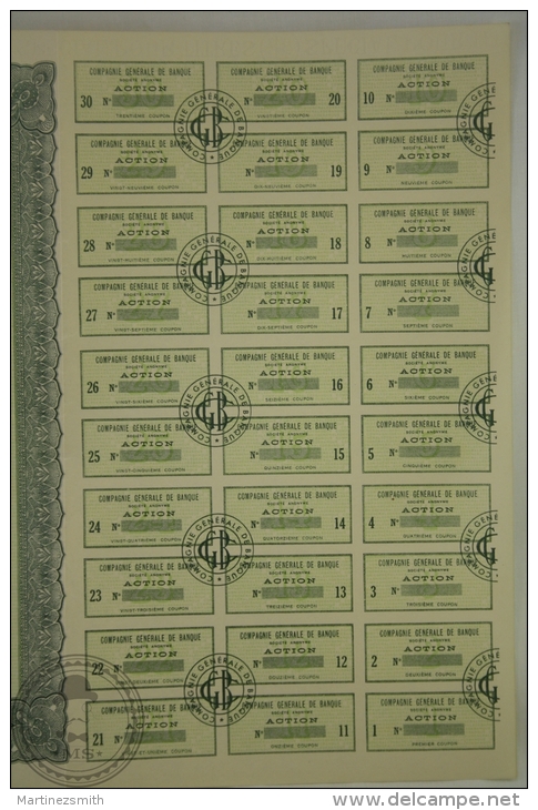 Old Share - Compagnie Générale De Banque  - Action De Cent Francs Au Porteur -  1938 - Banco & Caja De Ahorros
