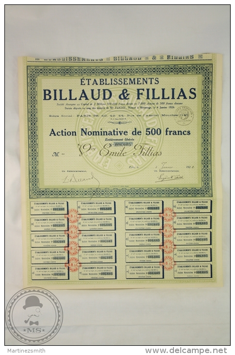 Old Share - Action Nominative De 500 Francs - Billaud & Fillias - Sede Social Paris 1928 - Industrial