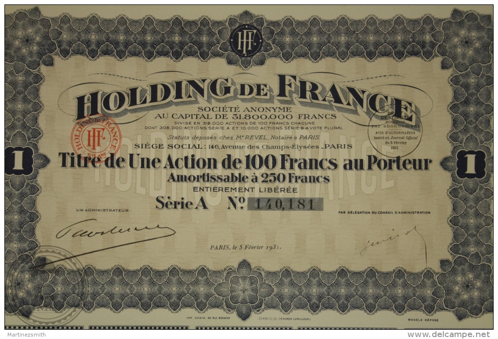 Old Share - Action Holding De France - Titre De Une Action De 100 Francs - Sede Social: Paris 1931 - Industrial