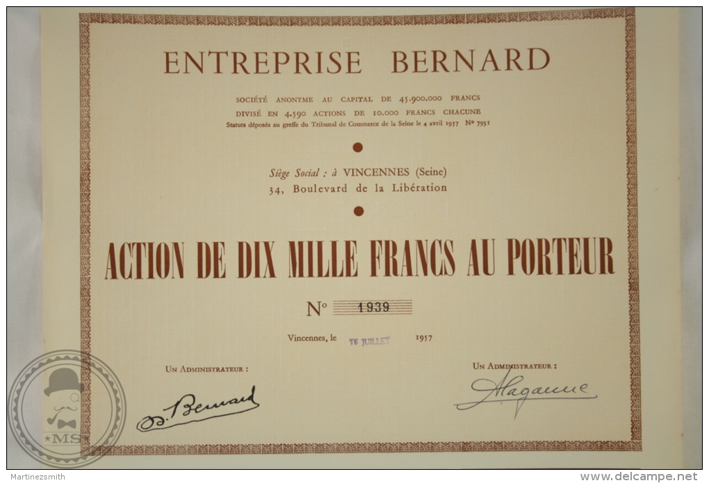 Old Share - Action Entreprise Bernard - Sede Social Vincennes ( Seine) - 1957 - Otros & Sin Clasificación