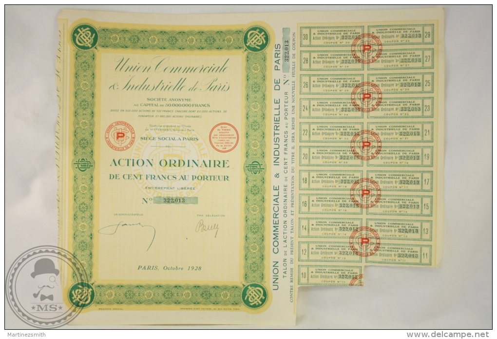 Old Share - Action Union Commerciale & Industrielle De Paris - Action Ordinaire Cent Francs - 1928 - Industrie