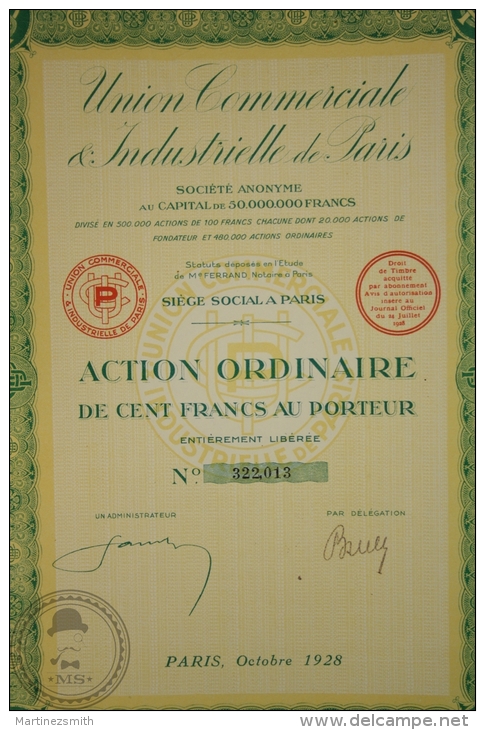 Old Share - Action Union Commerciale & Industrielle De Paris - Action Ordinaire Cent Francs - 1928 - Industrial