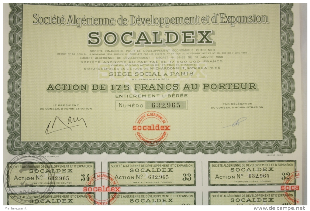 Old Share - Action Societe Algerienne De Developpement Et D´ Expansion SOCALDEX - Paris - 175 Francs - 1958 - Otros & Sin Clasificación