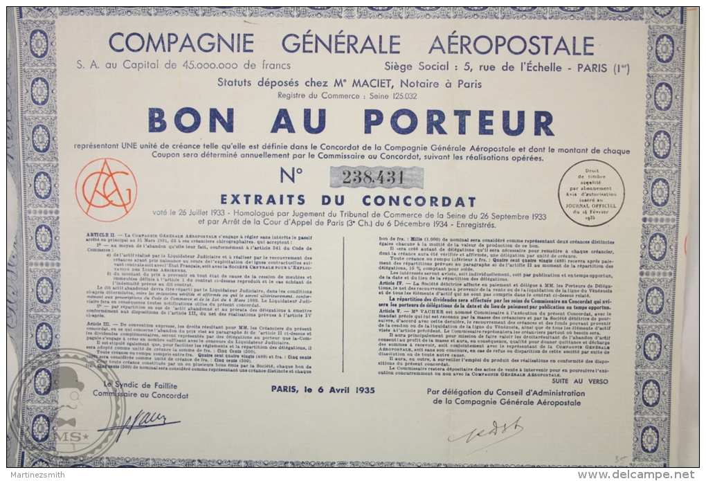 Old Share - Action Compagnie Generale Aeropostale - Bon Au Porteur - 1935 - Otros & Sin Clasificación