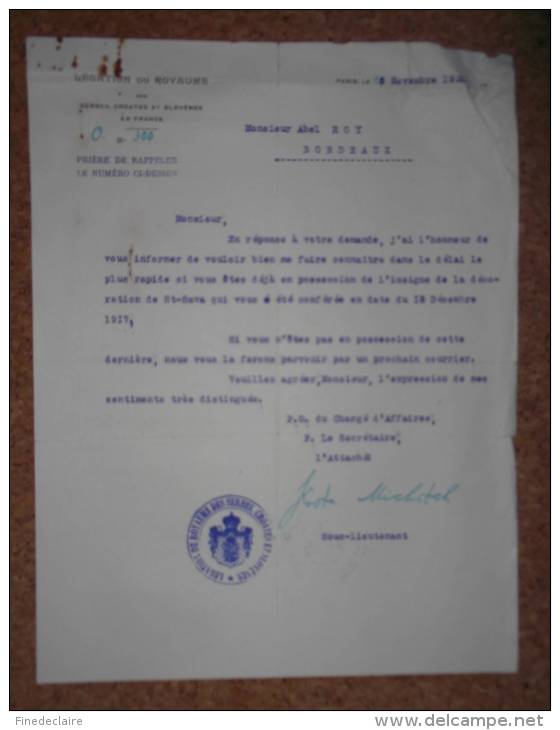 Légation Du Royaume Des Serbes, Croates Et Slovènes En France à Mr Abel Roy, Bordeaux - 1920 - Documents Historiques