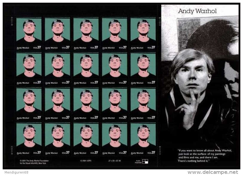 USA 2002 Warhol Sheet Of 20 $7.40 MNH SC 3652sp YV BF3365 MI B3626 SG MS4165 - Feuilles Complètes