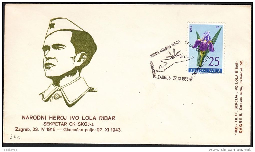 Yugoslavia 1953, Illustrated Cover "Ivo Lola Ribar Secretary Of The SKOJ-a", W./ Special Postmark "Zagreb", Ref.bbzg - Cartas & Documentos