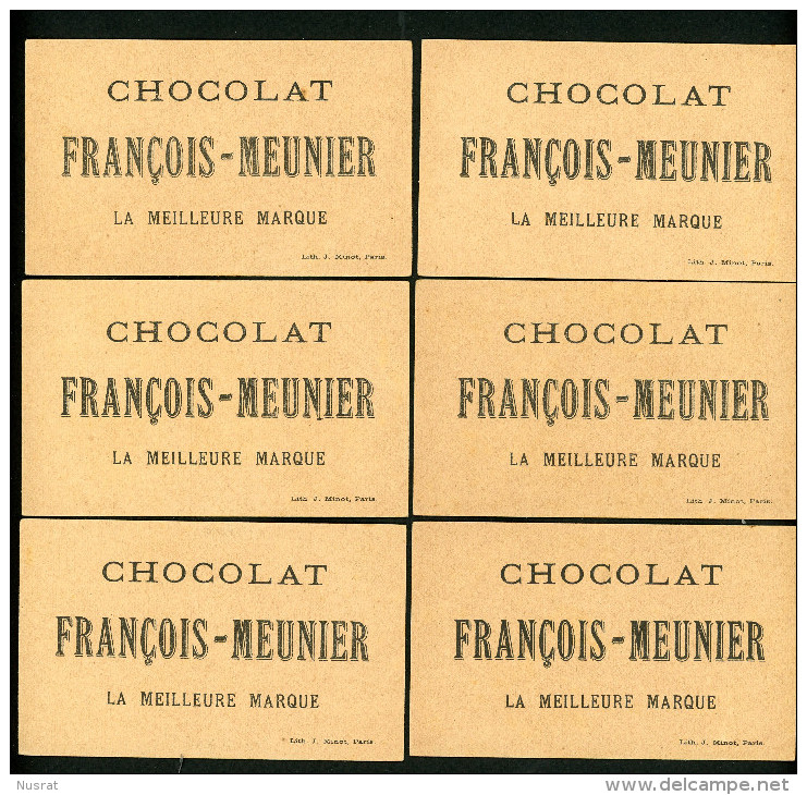 Chocolat François Meunier, Lot De 6 Chromos Lith. J. Minot VM2-3-2, Personnages, Scènes Humoristiques, Voir Scans - Other & Unclassified