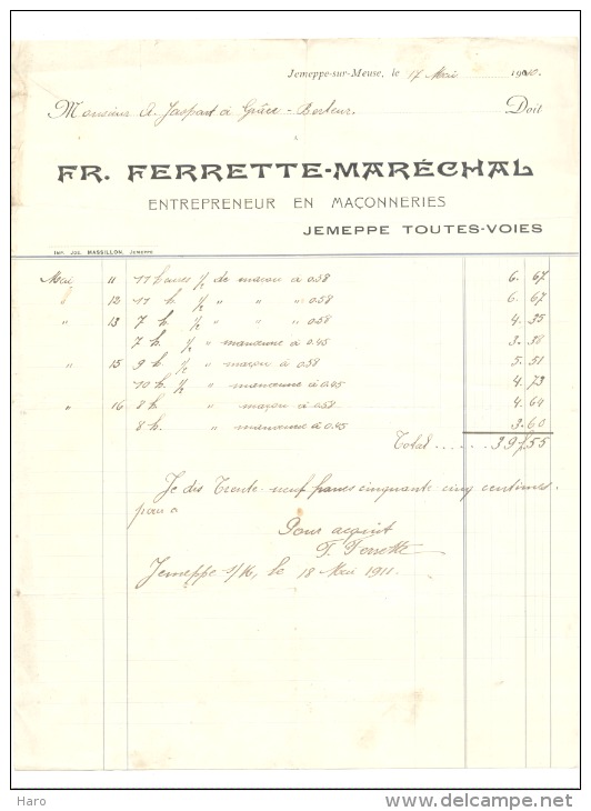 JEMEPPE - Sur - MEUSE Facture Fr. Ferrette-Maréchal , Entrepreneur En Maçonneries 1910/1911 - 1900 – 1949