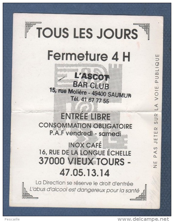 CARTE COMMERCIALE INOX CAFE VIEUX TOURS 37 - L'ASCOT BAR CLUB SAUMUR 49 - Visiting Cards