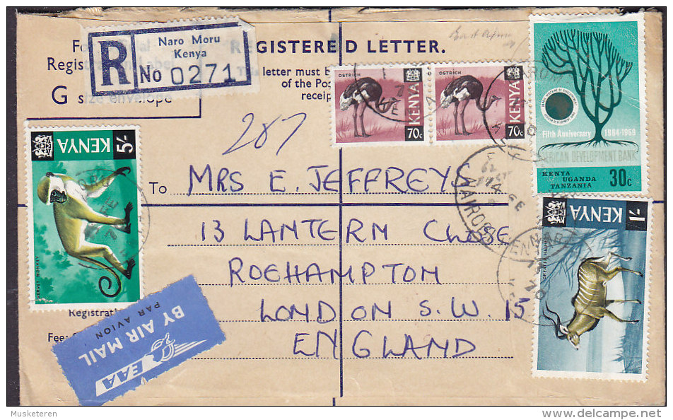 Kenya EAA By Airmail Par Avion & Registered NARO MORU Labels 1970 Cover Brief LONDON England Monkey Ostrich Kudu Stamps - Kenia (1963-...)