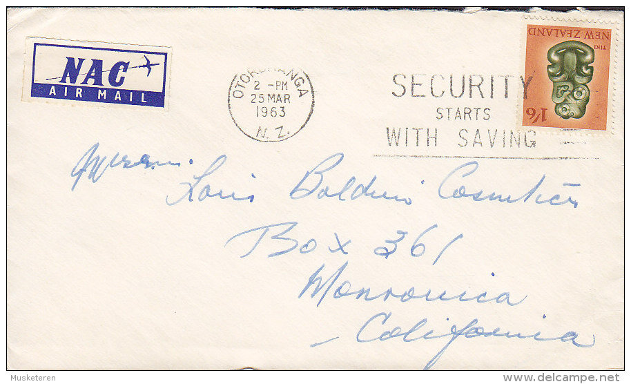 New Zealand NAC Airmail Label OTORONANGA 1963 Cover To MONROVICA California USA 1'6 Sh. Tiki Stamp - Corréo Aéreo