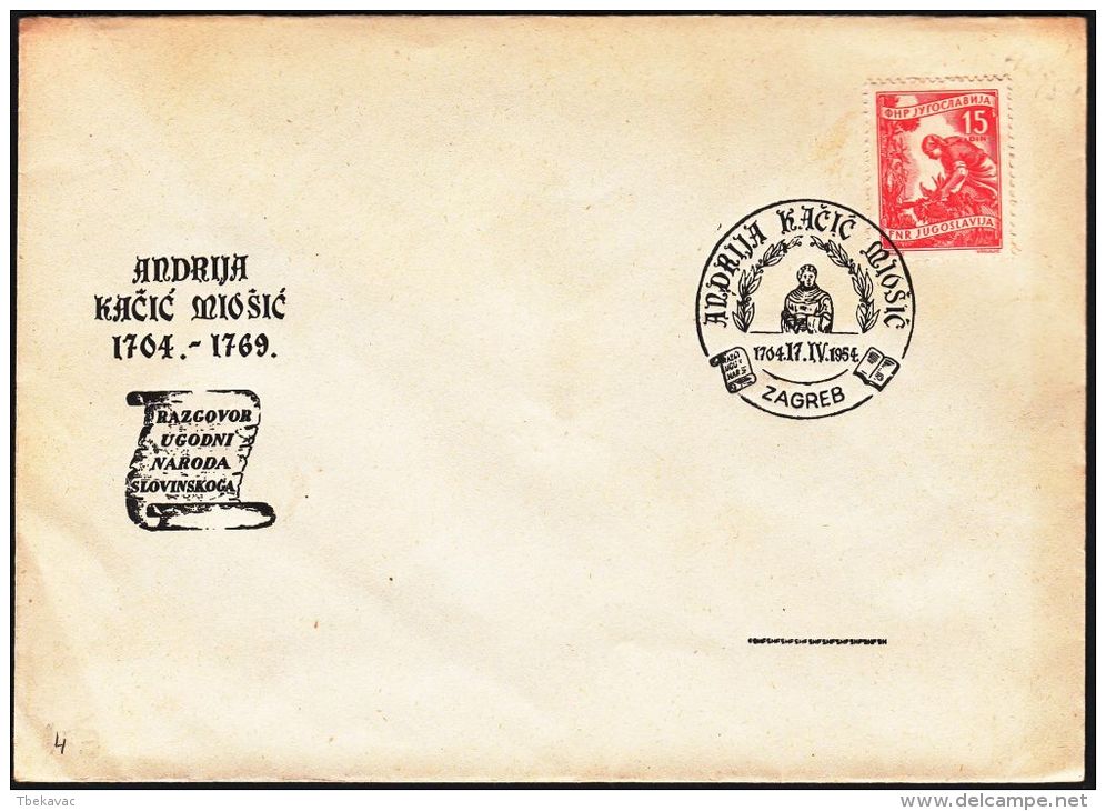 Yugoslavia 1954, Illustrated Cover "Andrija Kacic Miosic", W./ Special Postmark "Zagreb" Ref.bbzg - Cartas & Documentos