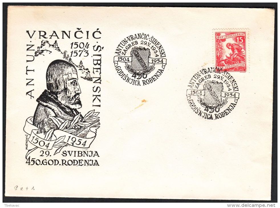 Yugoslavia 1954, Illustrated Cover "Antun Vrancic", W./ Special Postmark "Zagreb" Ref.bbzg - Cartas & Documentos