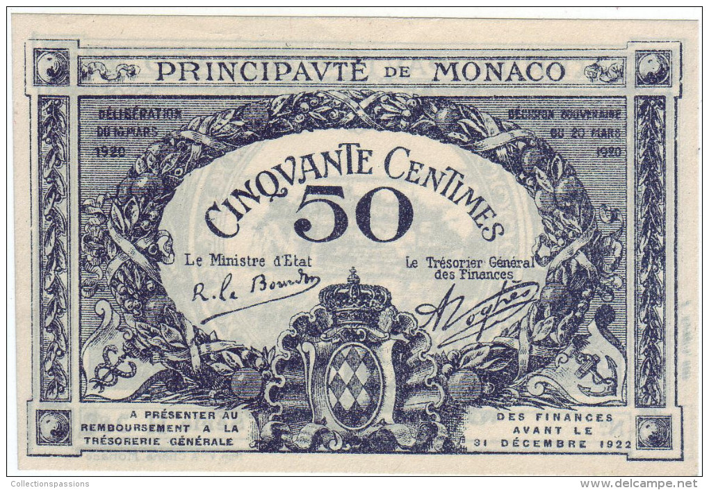 RARE - Billet Principauté De Monaco - 50 Centimes 1920 - - Monaco