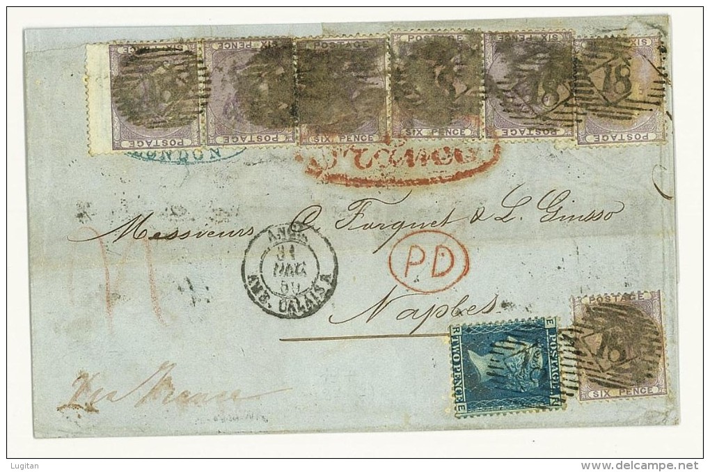 GRAN BRETAGNA - STORIA POSTALE - LETTERA FRATELLI FORQUET  ANNO 1859 - 1 P VIOLA X 1 COPPIA + 5  + 2 P X 1 - VIA FRANCE - Postmark Collection