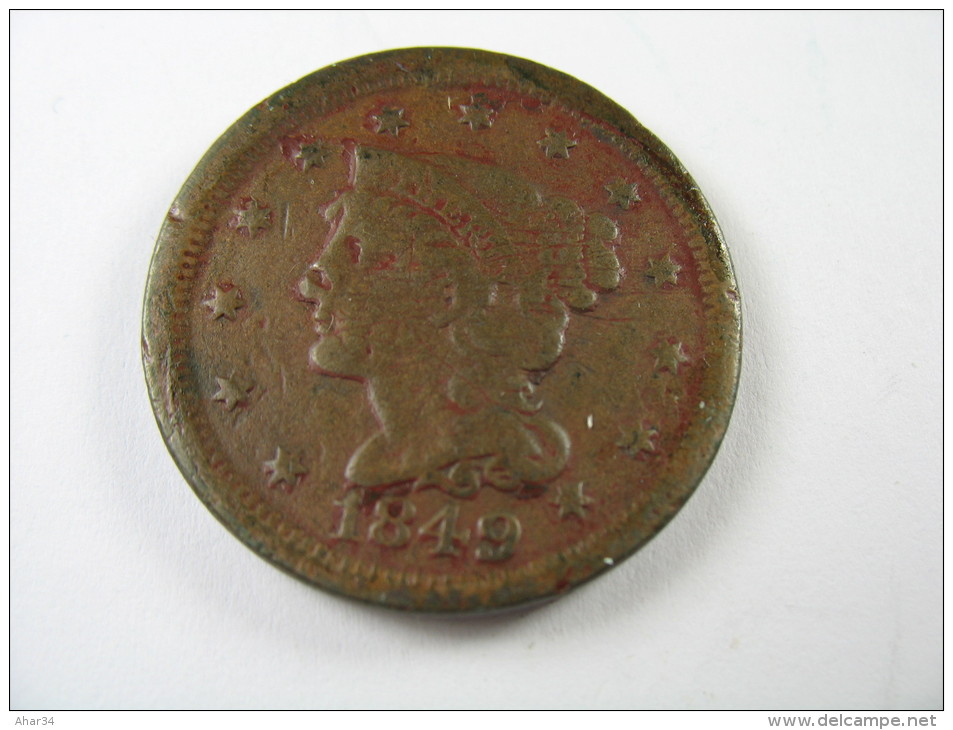 US USA 1 ONE LARGE CENT  BRAIDED HAIR  1849 COIN   LOT 27 NUM  18 - 1840-1857: Braided Hair (Cheveux Tressés)