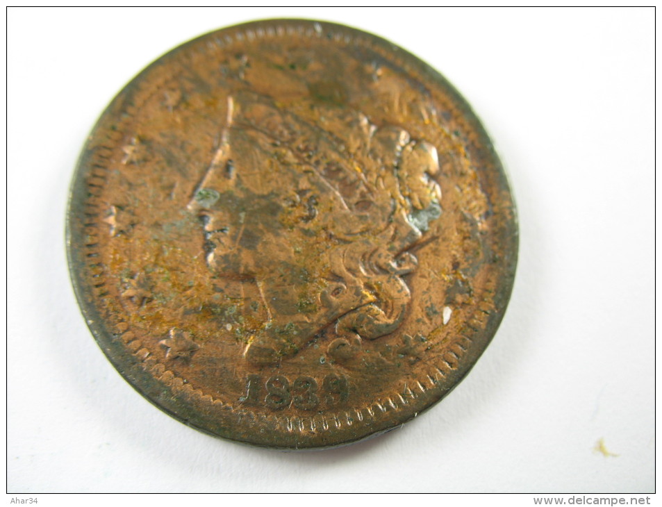 US USA 1 ONE LARGE CENT  CORONET  1839 COIN   LOT 27 NUM  20 - 1816-1839: Coronet Head (Tête Couronnée)