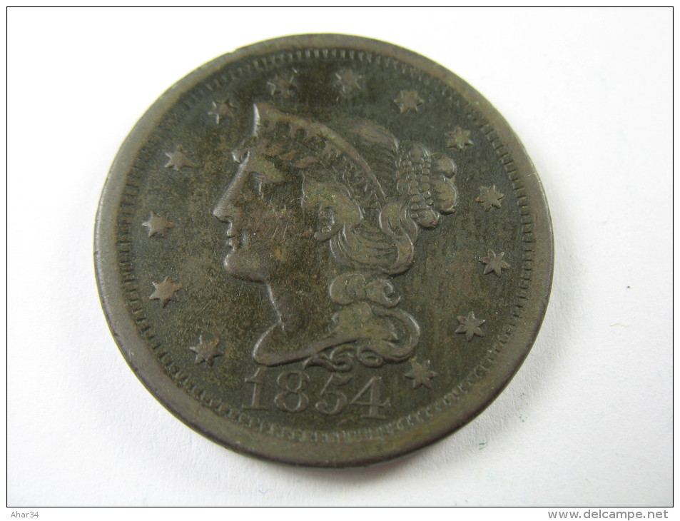 US USA 1 ONE LARGE CENT  BRAIDED  1854 COIN  HIGH GRADE  LOT 27 NUM  22 - 1840-1857: Braided Hair (Cheveux Tressés)