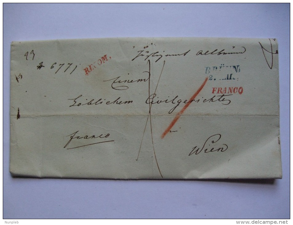 AUSTRIA 1846 ENTIRE BRUNN (BRNO BOHMEN) TO WIEN WITH RED FRANCO PAID AND RECOM REGISTERED MARKS - ...-1850 Vorphilatelie