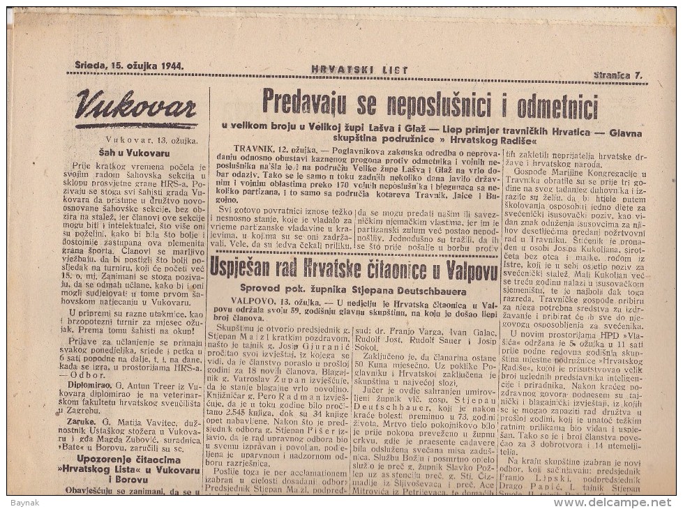 CROATIA  ---  OSIJEK  --  ,, HRVATSKI LIST ,,  15. OZUJKA 1944.  --  NDH  --  NEZAVISNA DRZAVA HRVATSKA  --  16 STRANICA