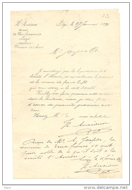 Lettre à Entête - H. Ansiaux Avocat - Liège 1894 - 1800 – 1899