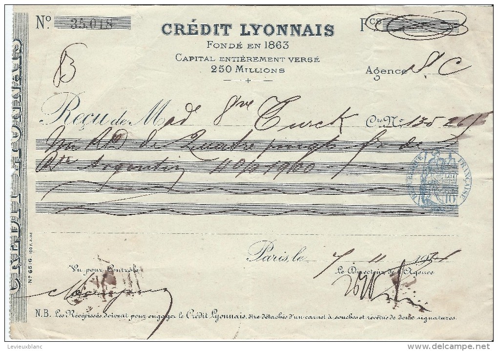 Crédit Lyonnais / Récépissé De Dépôt/ Madame Turck/ 1901?     BA1 - Banque & Assurance