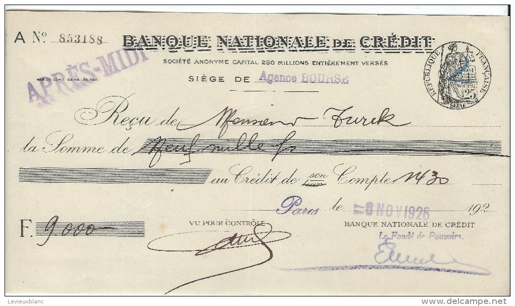 Banque Nationale De Crédit  / Agence BOURSE/Récépissé De Dépôt/ Monsieur Turck/ 1926    BA2 - Banque & Assurance