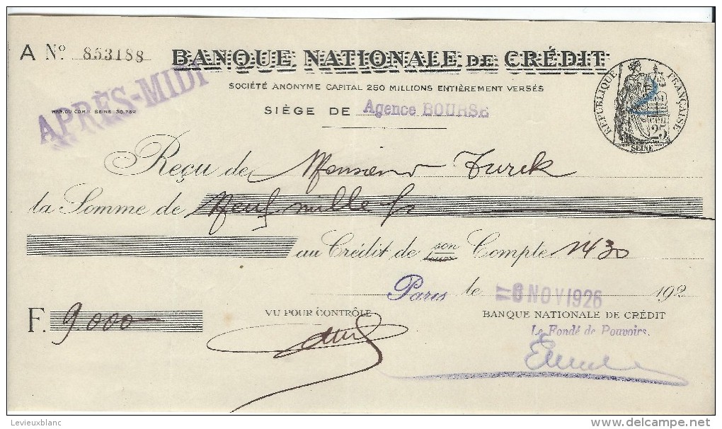 Banque Nationale De Crédit  / Agence BOURSE/Récépissé De Dépôt/ Monsieur Turck/ 1926    BA2 - Bank En Verzekering