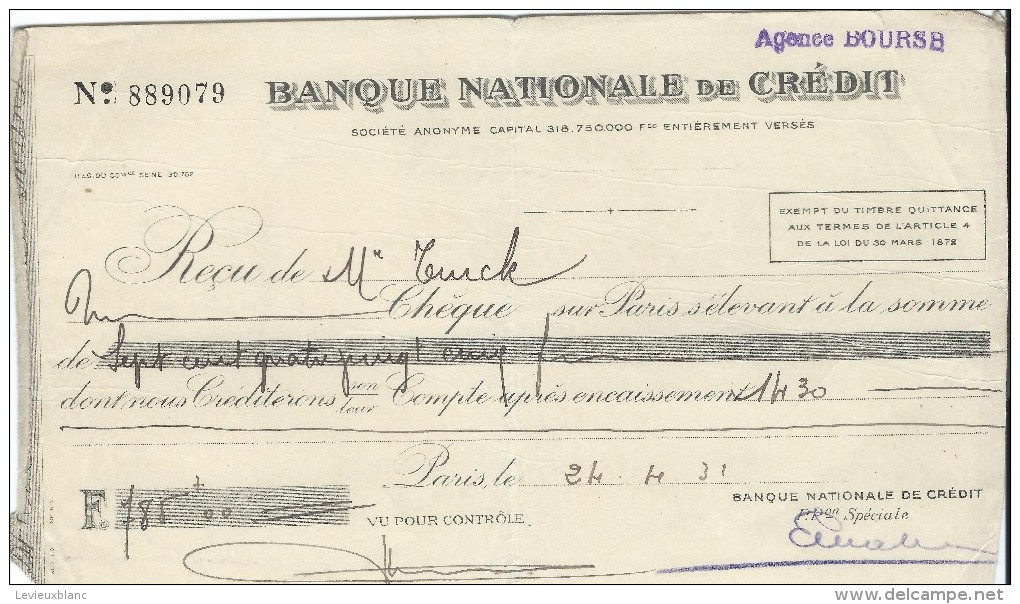 Banque Nationale De Crédit  / Agence BOURSE/Récépissé De Dépôt/ Monsieur Turck/ 1931    BA3 - Bank & Insurance