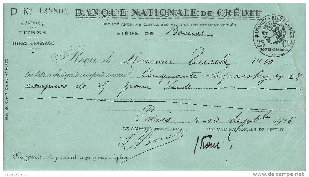 Banque Nationale De Crédit  / Agence BOURSE/Récépissé De Dépôt/ De Titres/ Monsieur Turck/ 1926    BA4 - Bank En Verzekering