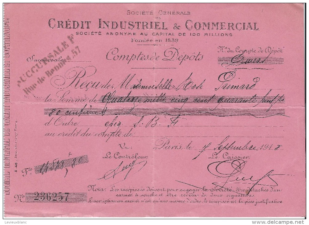 Crédit Industriel Et Commercial/Récépissé De Dépôt/ Mademoiselle Rose Primard/ 1918 BA5 - Bank & Versicherung