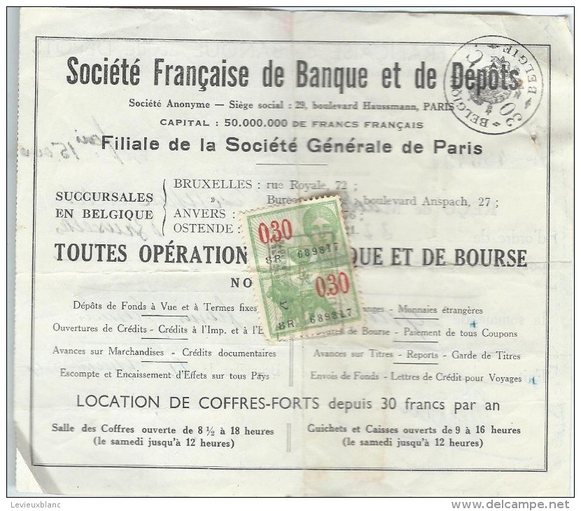 Société Française De Banque Et De Dépôts:Succursale De Bruxelles/ Mademoiselle Adéle Couture /1934    BA11 - Banco & Caja De Ahorros